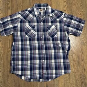 Vtg Ely Cattleman Mens XL Plaid Western Shirt Short Sleeve Pearl Snap Blue